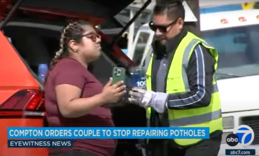 Alex and Daisy De La Rosa were ordered to stop filling in the potholes scattered throughout their neighborhood in Compton, California.